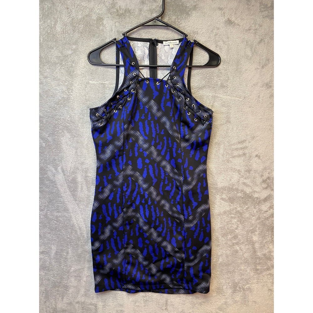 Charlotte Russe Blue Black Abstract Lace Up Halter Bodycon Mini Dress Size L